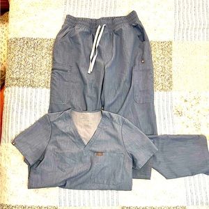 Figs Heather indigo scrubs, high waisted Yola skinny pants LT, one pocket top